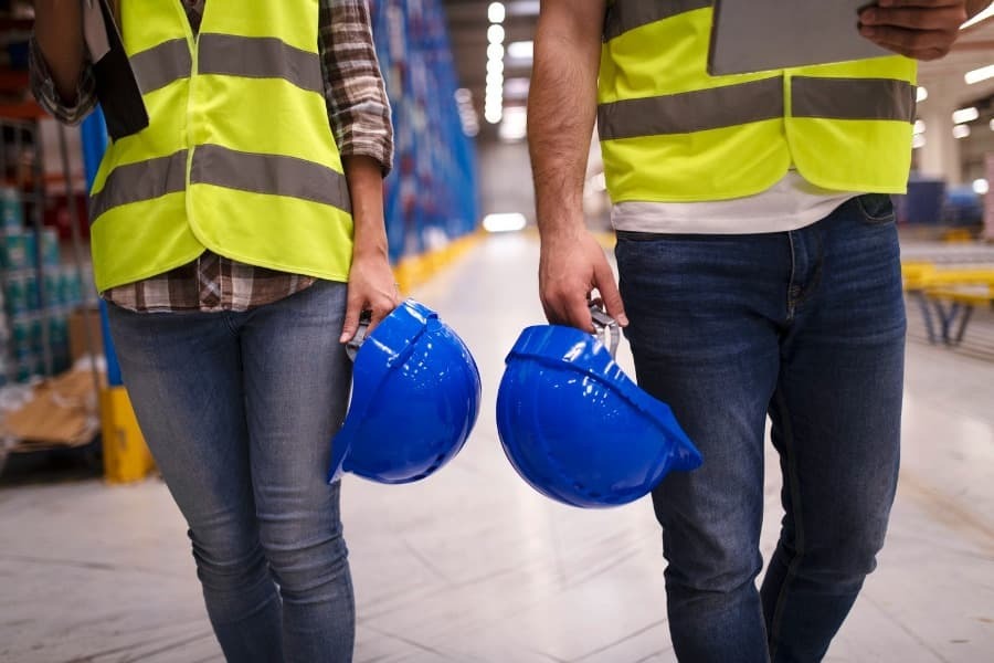 Duas pessoas andando em estoque devidamente vestidos com seus EPIs, com o capacete em uma mão e a prancheta na outra fazendo vistorias