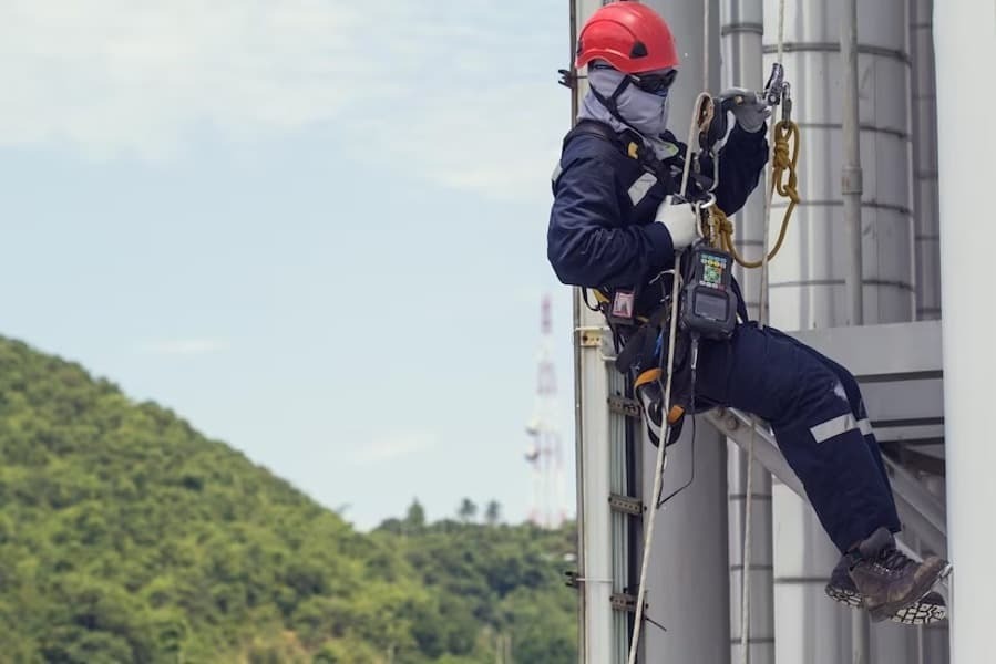 Homem pendurado Usando EPIs nas alturas